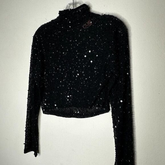 Dyspnea Sheer Black Sequin Mesh Mock Neck Long Sleeve Crop Top Hand Beaded Small - Picture 6 of 11